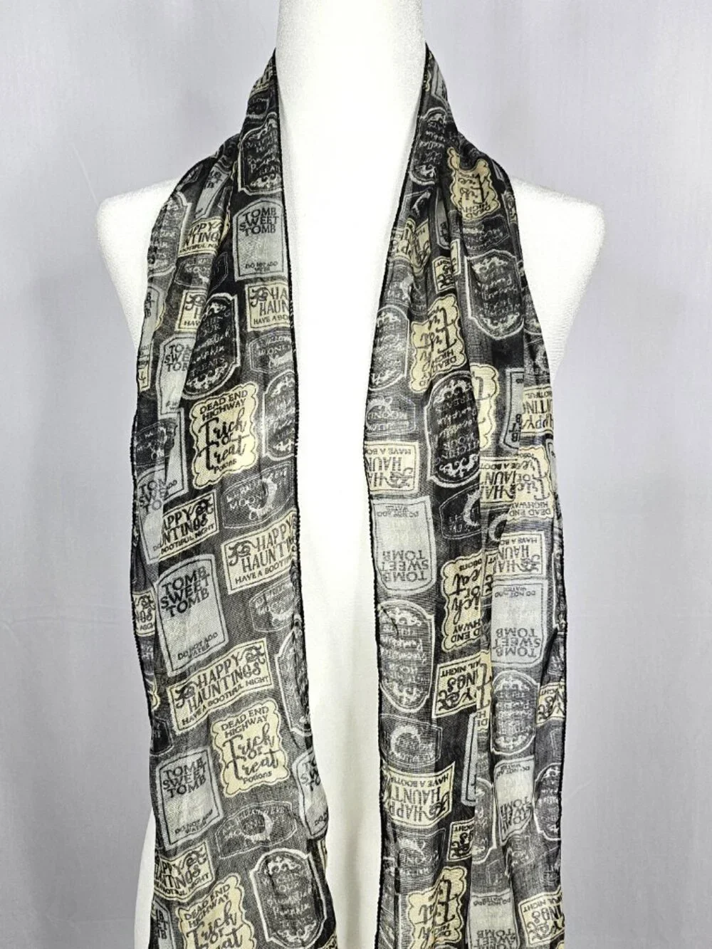 Halloween Scarf | Gothic Tombstone Print | Black Grey Cream | One Size